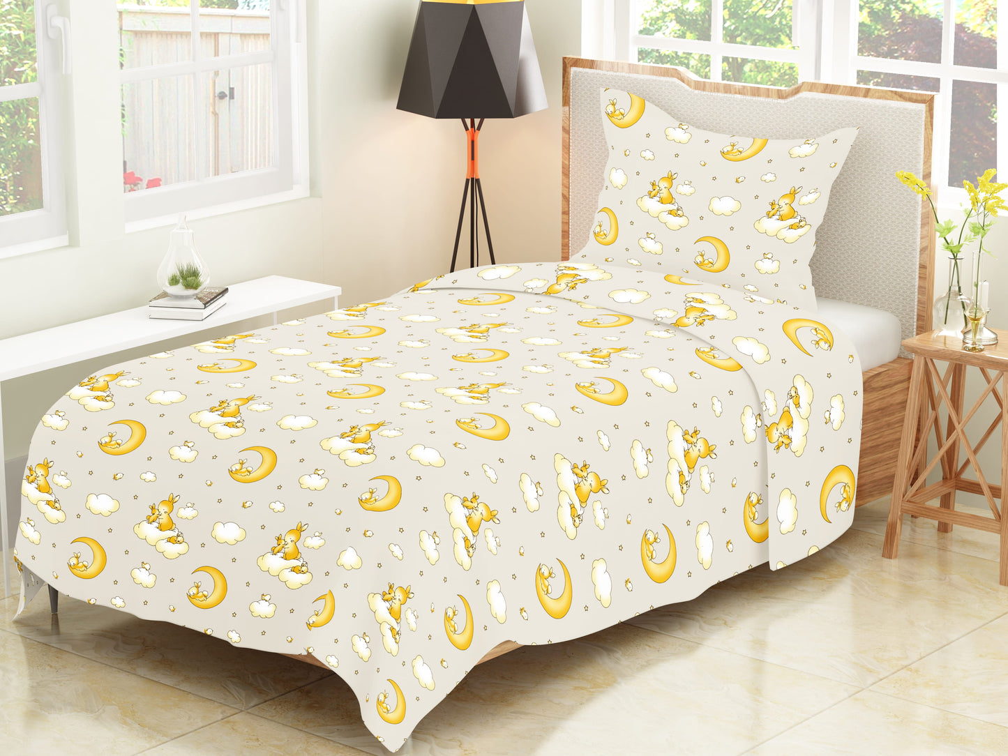 Trendy Cartoon Print Single Bedsheet for Kids - Light Grey